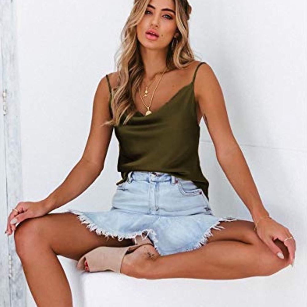 Olive Green Satin Cowel Neck Cami